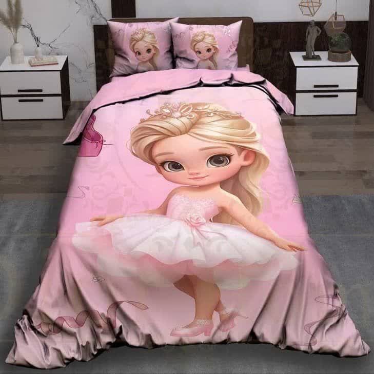 ست رو تختی تک نفره سه بعدی کودک دخترانه عروس کوچولو صورتی