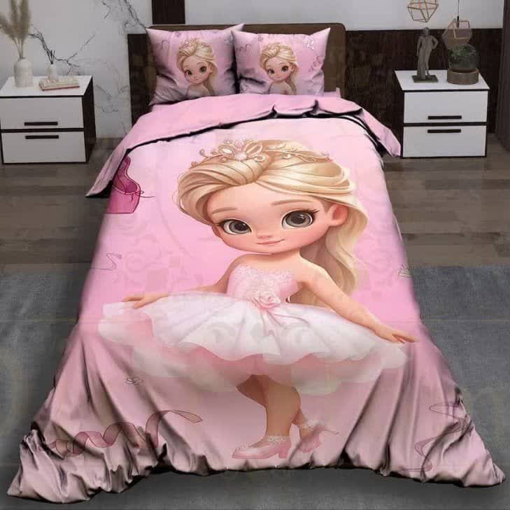 ست رو تختی تک نفره سه بعدی کودک دخترانه عروس کوچولو صورتی
